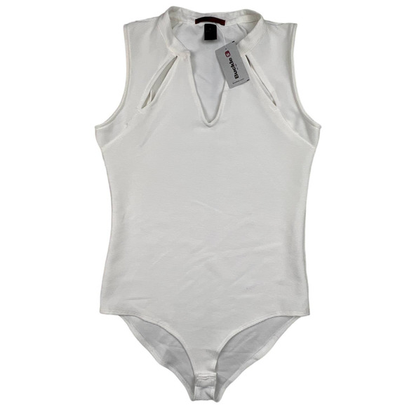 BKE Red Women Large Cream Ivory Sleeveless Cut Out Sexy Bodysuit Top V-Neck - Picture 1 of 8